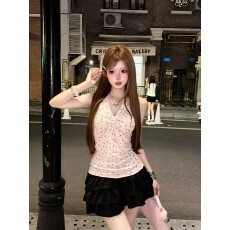 批发原版面料印花#韩系独特粉色挂脖吊带背心女夏修身显瘦百搭上衣
