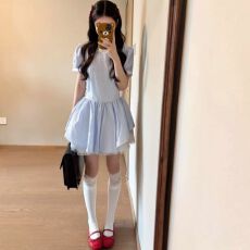 批发学院风娃娃领蓝色条纹短袖衬衫<b class='q'>连衣裙</b>子女夏季小个子收腰蓬蓬短裙
