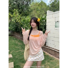 批发橘色条纹防晒罩衫薄纱上衣吊带两件<b class='q'>套装</b>女2026夏季长袖多巴胺穿搭