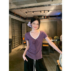 批发原版面料紫藤雾语 纯欲蕾丝花边拼接<b class='q'>V领</b>短袖t恤女修身上衣