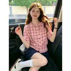 批发原版衬衫布 夏季新款减龄时尚衬衫粉色格子<b class='q'>短袖</b>衬衣女