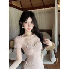 批发粉色蝴蝶结蕾丝边方领<b class='q'>短袖</b>t恤女夏季纯欲甜辣妹小<b class='q'>上衣</b>巨好看绝美