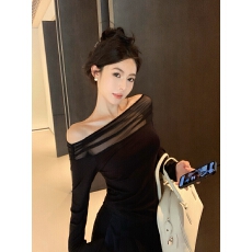 批发官图 一字领甜撩黑色<b class='q'>网纱</b>长袖<b class='q'>打底衫</b>女