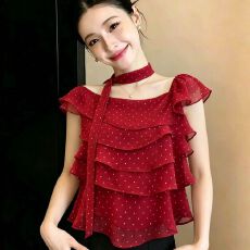 批发法式甜美风荷叶边波点小飞袖衬衫女<b class='q'>夏季</b>高级感气质短袖<b class='q'>雪纺衫</b>上衣
