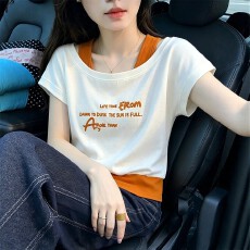 批发撞色假两件字母印花短袖T恤女2026夏大尺码<b class='q'>胖</b>mm<b class='q'>显瘦</b>超火减龄上衣
