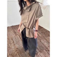 批发<b class='q'>日系</b>复古条纹荡领短袖衬衫女夏季新款设计感宽松显瘦休闲百搭上衣