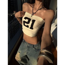 批发毛织字母印花抹胸背心女夏季修身显瘦辣妹短款外穿裹胸上衣小衫