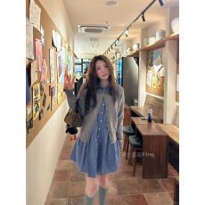 批发韩系甜美风木耳边压褶针织开衫叠穿格纹娃娃领衬衫<b class='q'>连衣裙</b>女两件套