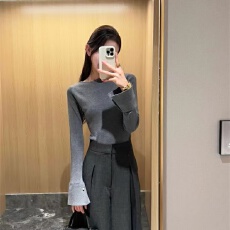 批发韩版盐系轻熟套装女新款灰色韩版长袖针织衫高腰<b class='q'>西装</b>裤两件套ins