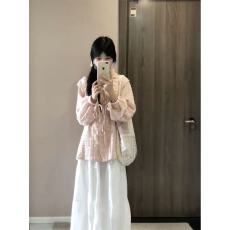 批发春季新款<b class='q'>韩版</b>学院风穿搭一整套粉色娃娃领格纹衬衫上衣+白色A字裙