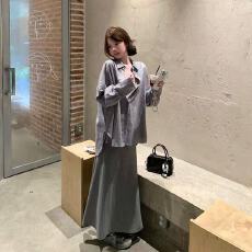 批发休闲慵懒风条纹POLO领长袖<b class='q'>棉麻</b>衬衫女秋季高腰包臀半身长<b class='q'>裙</b><b class='q'>两件套</b>