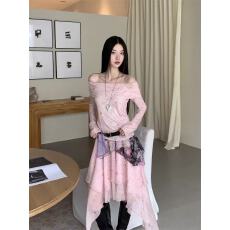 批发<b class='q'>雪纺</b>皱小碎花格纹一字肩法式堆堆领印花T恤拼接不规则中长半裙女