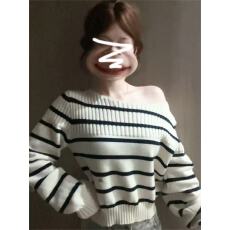 批发迪葵<b class='q'>纳</b>条纹斜肩毛衣秋季2025新款韩系慵懒内搭针织衫露肩气质上衣