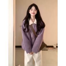 批发紫色冬季外套女2025新款宽松百搭麂皮<b class='q'>一体</b>翻领加绒加厚保暖羊羔毛
