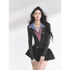 批发东京优等生 假两件美式长袖辣妹T恤女收腰设计感上<b class='q'>衣</b>短<b class='q'>裤</b>裙两件套