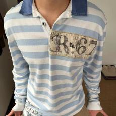 批发自制Y2K风格<b class='q'>Polo</b><b class='q'>衫</b>长袖T恤<b class='q'>男</b>女秋冬季2025新款亚文化印花条纹上衣
