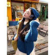 慵懒风克莱因蓝色连帽毛衣女秋季韩系软糯高级感套头针织衫卫衣