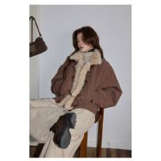 批发美拉德百搭减龄棕色翻领短外套女2025冬加厚毛绒宽松休闲长袖上衣