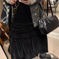 批发大码300斤爆款法式黑色花苞半身裙女秋<b class='q'>新款</b>木耳边显瘦中长款半裙