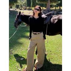 批发秋季新款高腰显瘦休闲阔腿裤美式<b class='q'>复古</b>高街宽松直筒大口袋工装裤<b class='q'>女</b>