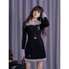 批发甜辣妹毛毛拼接显瘦长袖针织开衫上衣女高腰<b class='q'>半身裙</b>百褶裙<b class='q'>短裙</b>套装