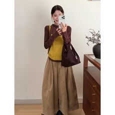 批发parkyeon港风复古轻熟风长袖打底衫叠穿针织背心阔腿<b class='q'>长裤</b>三件套