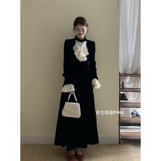 批发法式复古富家千金风套装气质高级感蕾丝花边丝绒上衣半身裙两件套