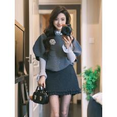 批发富家千金风立体花朵针织斗篷马甲女叠穿木耳边长袖T恤上衣两件套