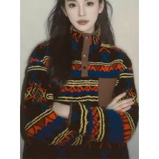 批发2025秋冬新款洋气几何提花宽松休闲显瘦高领加厚保暖套头毛毛<b class='q'>卫衣</b>