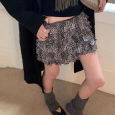 批发古早麂皮豹纹蓬蓬蛋糕荷叶边<b class='q'>复古</b>半身短裙