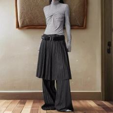 批发胖mm显瘦条纹假两件阔腿裤女2025秋季新款大码百搭休闲<b class='q'>拖地</b>长裤裙