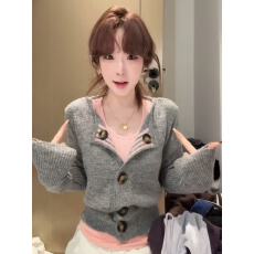 批发大码胖mm韩系设计感气质灰色<b class='q'>针织</b><b class='q'>开衫</b>秋冬新款叠穿粉色背心两件套