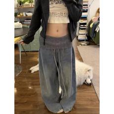 批发美式vibe大码水洗做旧毛绒拼接<b class='q'>牛仔</b>裤女辣妹直筒宽松显瘦阔腿长裤