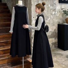 批发大方得体穿搭一整套黑色宽松背心<b class='q'>连衣</b>裙女秋季内搭花边上衣两件套