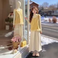 批发冬季ootd穿搭一整套修身长袖打底衫叠穿背心<b class='q'>马甲女</b>装半身裙三件套