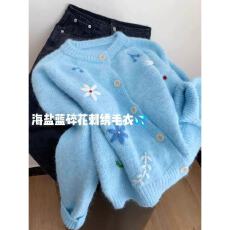 批发韩版花朵刺绣蓝色长袖毛衣女装2025秋冬新款慵懒风别致显瘦针织衫