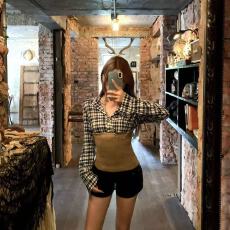 批发韩系<b class='q'>长袖</b>假两件抹胸拼接格纹衬衫女秋季新款修身显瘦衬衣潮小个子