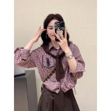 批发韩版新款复古披肩格纹<b class='q'>衬衫</b>女高级设计感2025早秋季超好看两件套<b class='q'>装</b>
