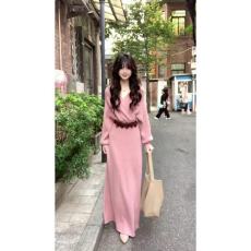 批发粉色小韩系温柔针织<b class='q'>连衣裙</b>秋冬秋冬季修身新款2025气质长裙