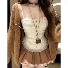 批发秋冬<b class='q'>新款</b>气质时尚潮流显瘦纯欲风蕾丝吊带百褶半裙辣妹百搭套装女