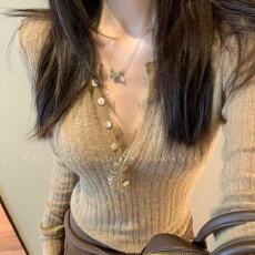 批发韩系纯欲风蕾丝内搭打底衫女秋冬外穿<b class='q'>修身</b>显瘦v领针织衫辣妹上衣