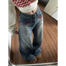 批发美式刺绣烫钻设计感潮酷高腰<b class='q'>直筒</b><b class='q'>牛仔裤</b><b class='q'>女</b>2025新款休闲显瘦阔腿<b class='q'>裤</b>