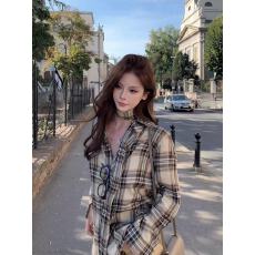 批发松岛假日Y*L同款面料格纹衬衣 对格工艺格子衬衫女 配飘带