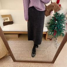 批发韩系格子毛呢<b class='q'>半身裙</b>女秋冬高腰显瘦气质中长款<b class='q'>裙</b>子