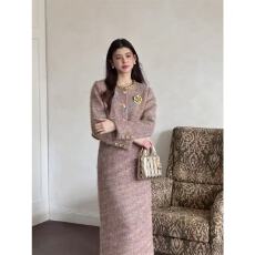 批发法式名媛千金小香风长袖外套秋冬新款收腰显瘦<b class='q'>吊带</b>连衣裙两件套女