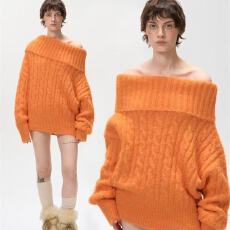批发慵懒风高级感亮片一字肩绞花套头橙色厚毛衣女秋冬季保暖显白<b class='q'>时尚</b>