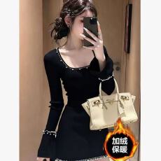 加绒温柔富家千金轻奢高级感连衣裙短款巨好看黑色包臂裙子