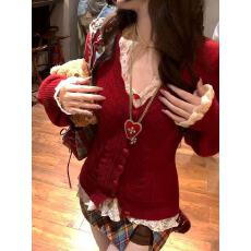 批发氛围感红色针织衫毛衣圣诞主题<b class='q'>蕾丝</b>内搭收腰上衣彩虹短裙显瘦套装