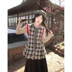 批发辣妹格纹背心裙女秋季甜美花边显瘦长袖T恤叠穿<b class='q'>连衣裙</b>ins两件套装