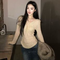 批发美式韩版绑带V领长袖衬衫女装秋季新款慵懒甜美温柔修身显瘦上衣